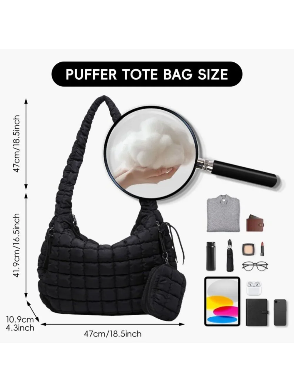 Large Quilted Puffer Tote Bag with Pouch | Stylish Puffy Hobo & Crossbody Purse